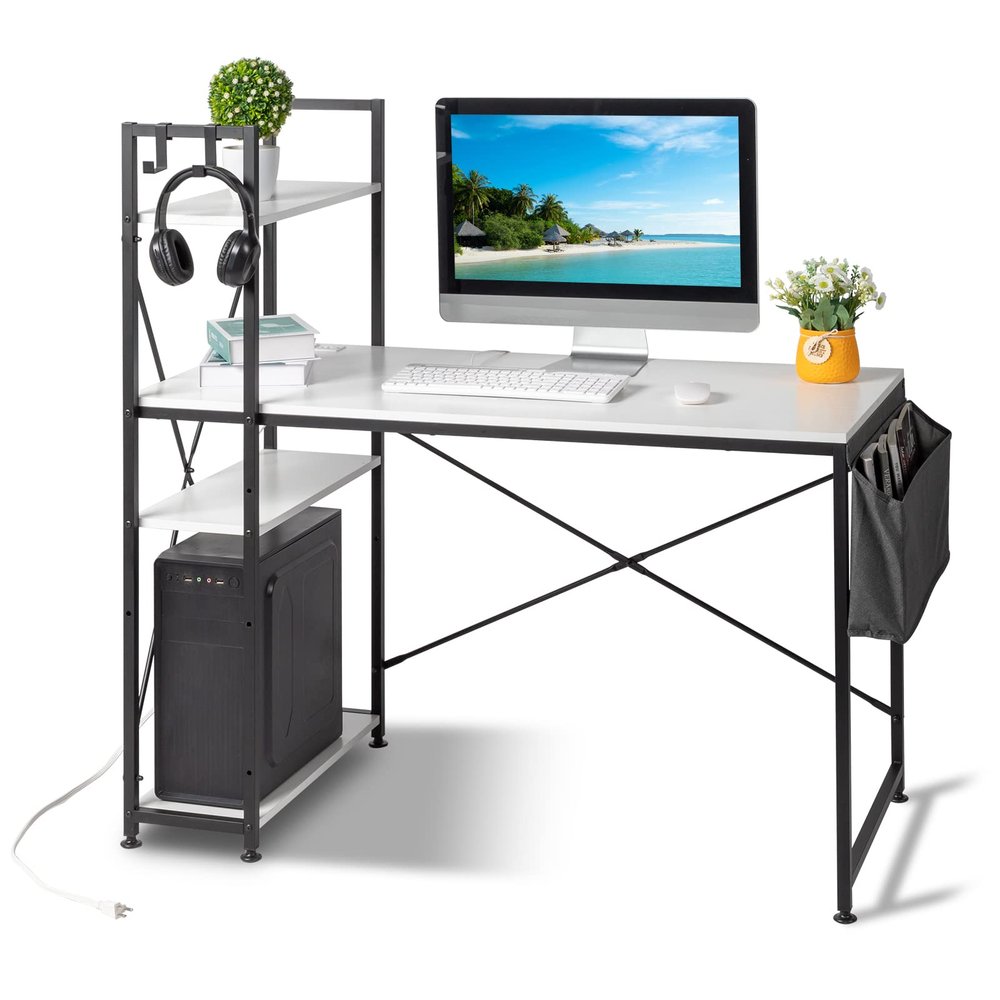 120 X 60 X 120cm Gaming Desk, Corner Computer Desk Writing Table for Home Office Modern Student Study Desk with Non-Woven Bag USB Power Port with Plant Shelf