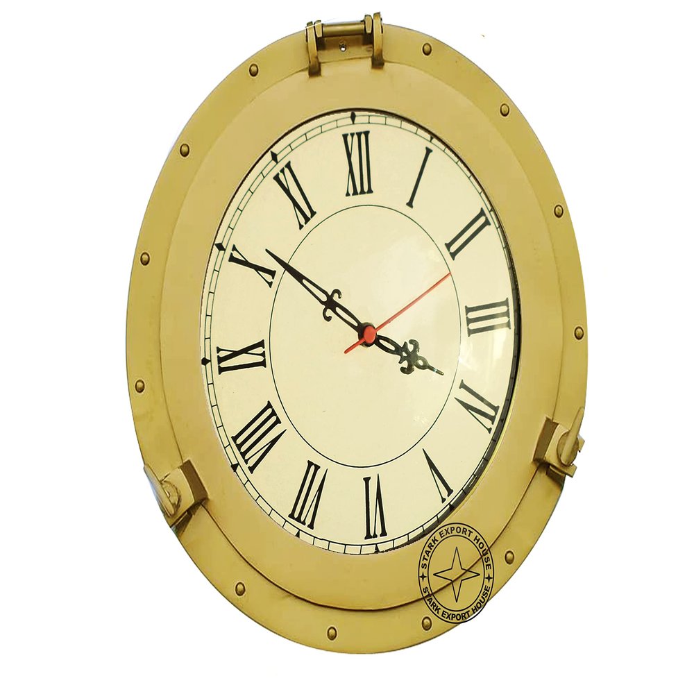 Antique Brass Nautical Navigation Marine Porthole Brass Wall Decor Clock Best for Gift Home School Office Collage 17 Inch (C T E)