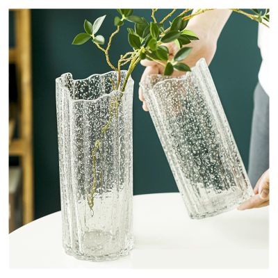 Dry Flower Arrangement 2pcs Nordic Ins Style Luminous Glass Vase Transparent and Blue Water Ripple Vase Flower Arrangement Living Room Dining Table Decoration Flower Vase (Color : A-2PCS)