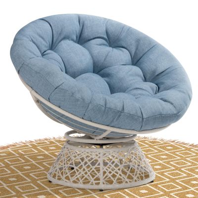 Bme 40" Ergonomic Wicker Papasan Chair with Soft Thick Density Fabric Cushion, High Capacity Steel Frame, 360 Degree Swivel for Living, Bedroom, Reading Room, Lounge, Serene Oasis - White Base