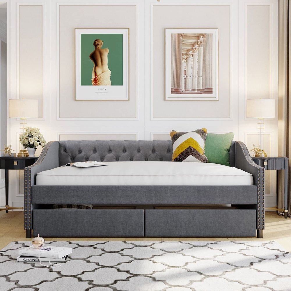 Banemi Full Size Storage Bed with Drawers, Full Size Bed Frame Wood Gray Solid Wood Bed Frame with Two Drawers Wood Slat Support 79.9 Inch