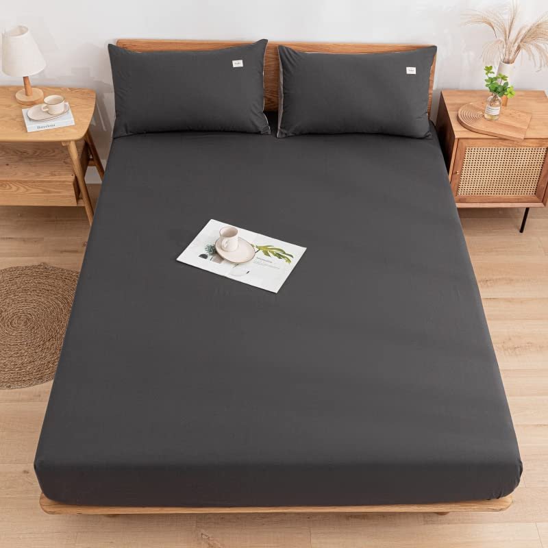 GORHLady Fitted Sheet Basics Classic Microfiber Bed Sheet 100% Cotton Children's Jersey Stretch Mattress Height up to 5-28 cm Children's Bed Fitted Sheet Water Bed & Box Spring Bed 180x200cm Darkgrey