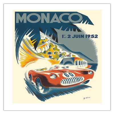 1952 Monaco Grand Prix - Race Cars - Vintage Car Racing Poster by B. Minne c.1952 - Fine Art Matte Paper Print (Unframed) 18x24in