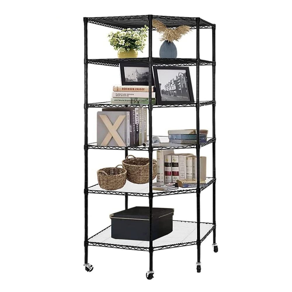 6 Layer Standing Shelf Units, Polygonal Corner Shelf, Metal Storage Standing Rack with Wheels Wire Shelving Unit for Kitchen Garage and Living Room (Black)