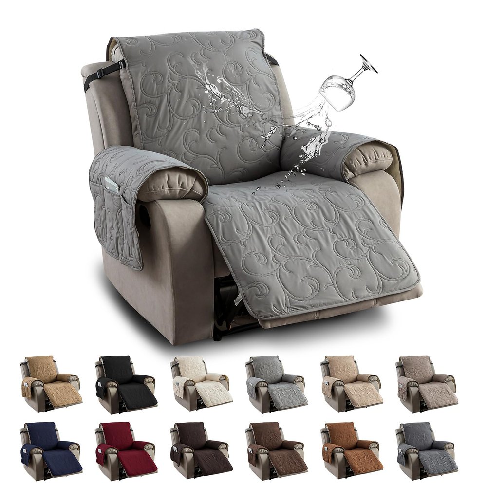 YUEANG 100% Waterproof Recliner Chair Cover, Recliner Chair Covers for Reclining Chair, Non-Slip Fabric Recliner Couch Cover for Living Room, for Pets Kids Protector, Washable (Light Gray, 23.6")