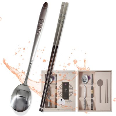 Balwoo [5 Sets][Made in Korea] Sticky Korean Style Rice Spoon Chopsticks Set 430 Stainless Steel Soup Spoon Ramen Noodle Chopsticks Flatware (Sunflower)