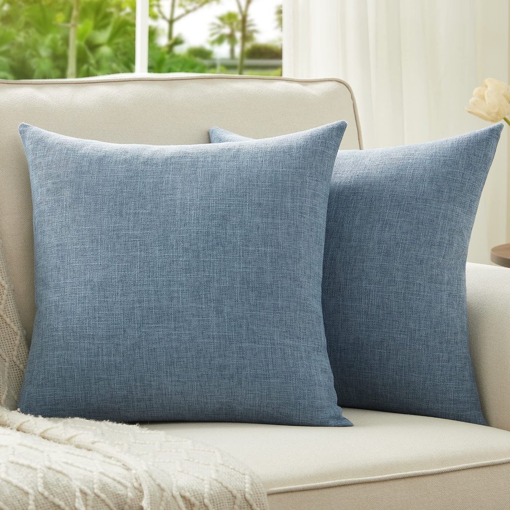 Anickal Set of 2 Grey Blue Pillow Covers 18x18 Inch Rustic Linen Square Decorative Throw Pillow Covers for Sofa Couch Farmhouse Home Decorations