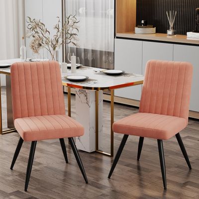 Alunaune Modern Pink Velvet Dining Chairs Set of 2, Upholstered Kitchen Chiars Accent Chair Mid Century Armless Leisure Chair Living Room Desk Side Chair with Metal Legs