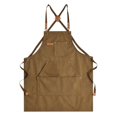 Aoomzoon Canvas Aprons for Men Chef Apron, Work Apron with Large Pockets - Durable 16oz Heavy Duty Cross Back, BBQ, Cooking (Brown, 1 Pack)