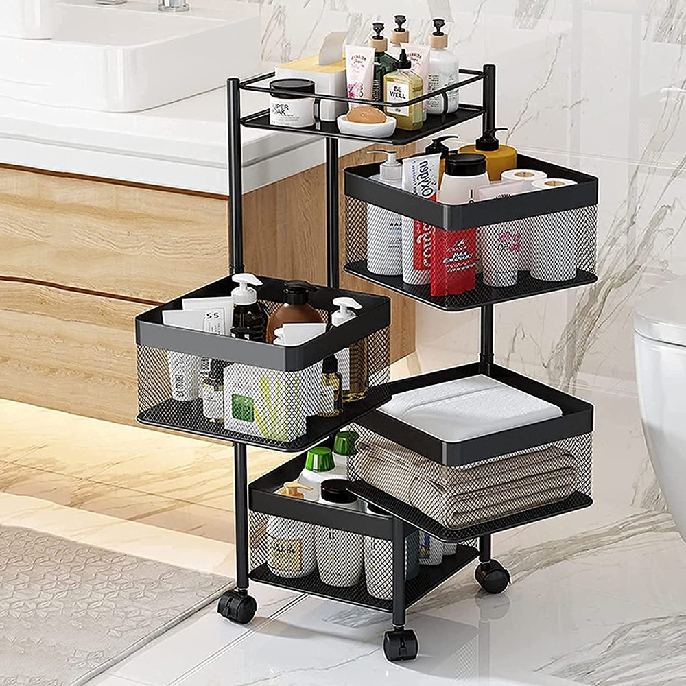 Bsetain Rotating Kitchen Storage Rotatable Kitchen Trolleys with Wheels, 360 Multi-Layer Mobile Storage Trolley, Rolling Storage Rack Utility Cart Fruit Vegetable Racks,Black-4tier