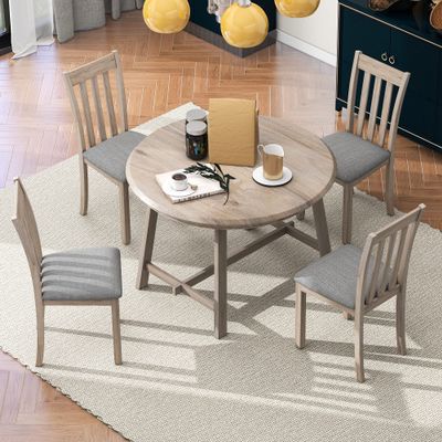 5-Piece Dining Table Set, Wood Round Extendable Dining Table with 4 Dining Chairs with Rubber Wood Legs for Kitchen Living Room, Dining Room Furniture Set for 4 People (Natural Wood Wash + Solid Wood)