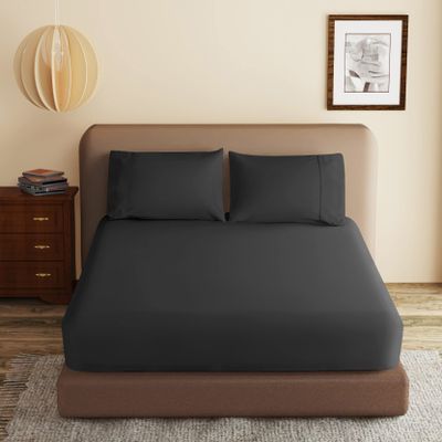 100% Egyptian Cotton Fitted Sheet Full Size Black, 600 Thread Count,8-16" Deep Pocket Sheet, Soft & Elastic Sateen Weave Bottom Sheet for Hotel & Home (Black, 1 Pack Fitted Sheet Only, Full)