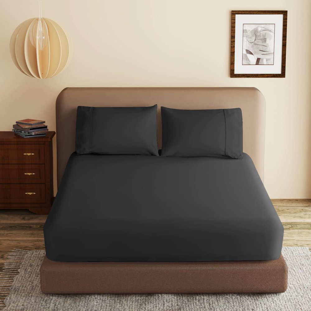 100% Egyptian Cotton Fitted Sheet Full Size Black, 600 Thread Count,8-16" Deep Pocket Sheet, Soft & Elastic Sateen Weave Bottom Sheet for Hotel & Home (Black, 1 Pack Fitted Sheet Only, Full)