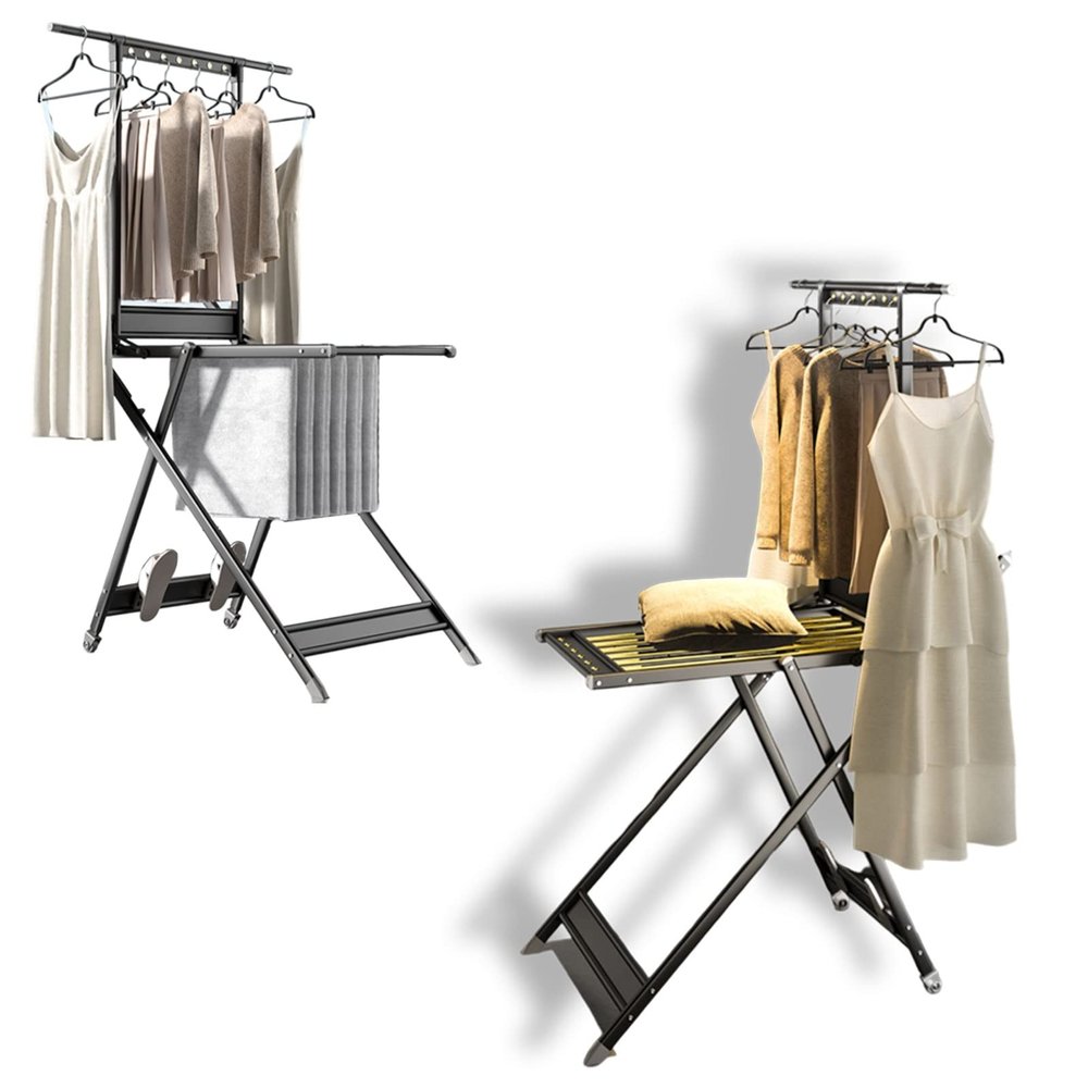 Clothes Drying Rack, Folding Clothes Rail, Clothes Drying Rack with Wheels, Foldable Clothes Drying Rack, with Windproof Hooks, Oversize Garment Dryer Stand for Towels, Clothes, Shoes (Color : Black+