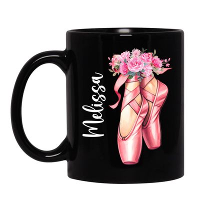 Custom Ballet Shoes And Floral Girly Ballerina Coffee Mug, Personalized Name Girl Ballet Dancer Mug, Ballet Coffee Cup Gifts For Dance Teachers, Women, Ballet Lovers, Ballet Mugs Black 11oz 15oz