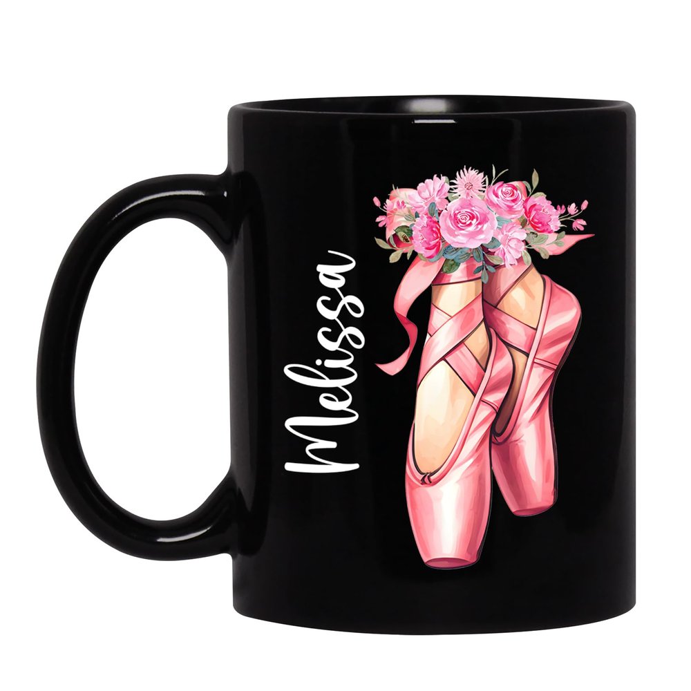 Custom Ballet Shoes And Floral Girly Ballerina Coffee Mug, Personalized Name Girl Ballet Dancer Mug, Ballet Coffee Cup Gifts For Dance Teachers, Women, Ballet Lovers, Ballet Mugs Black 11oz 15oz