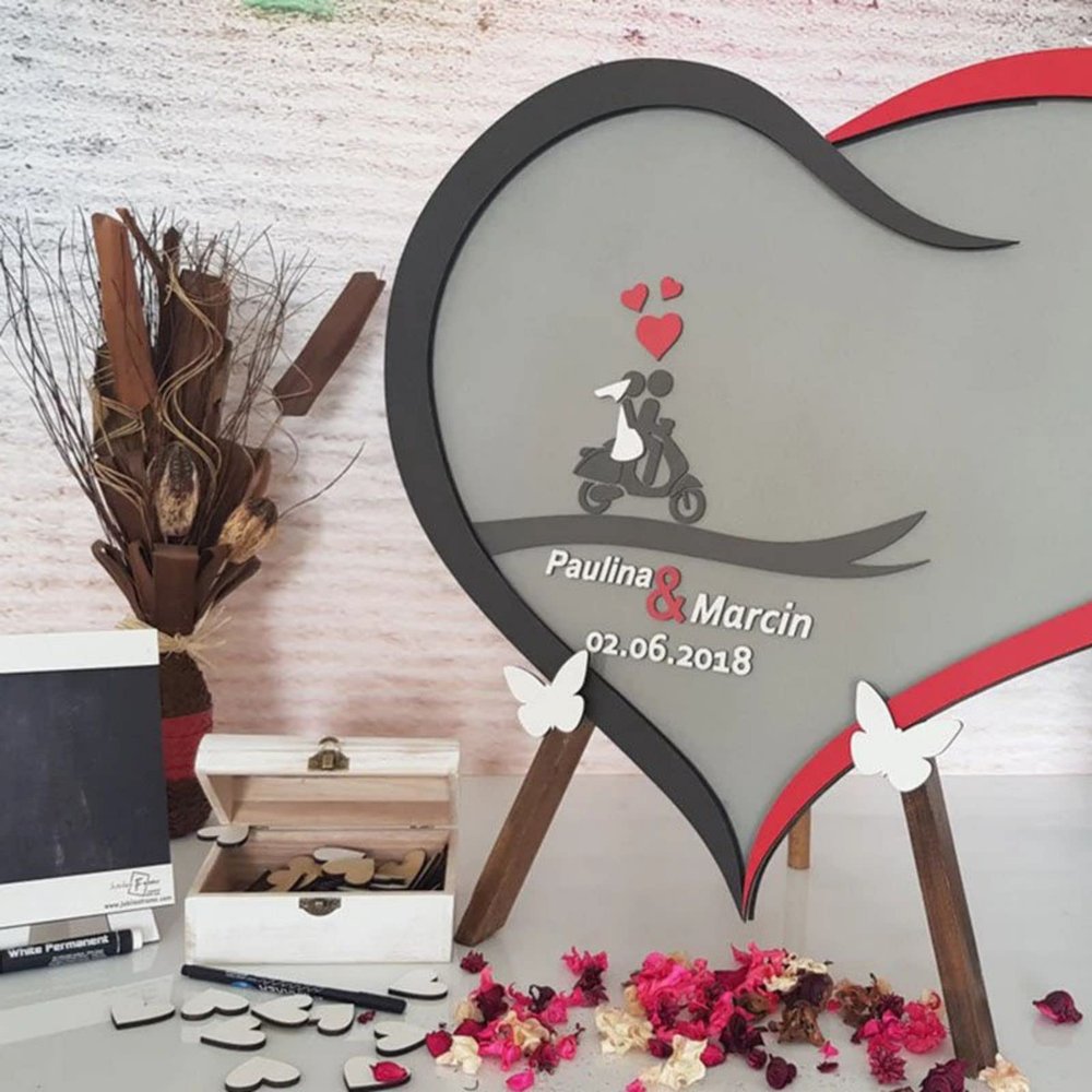 Personalized Wedding Guest Book Alternative: Wooden Acrylic Custom Name Date with Inserts Box DIY Rustic Wedding Heart Drop Guest Book for Anniversary Wedding Decor (Heart)
