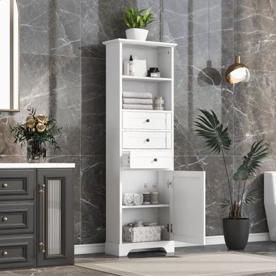 JIVOIT Bathroom Storage Cabinet, 68.30" H Tall Wood Storage Cabinet with 3 Drawers and Adjustable Shelves, Modern Linen Tower for Bathroom(White 2)