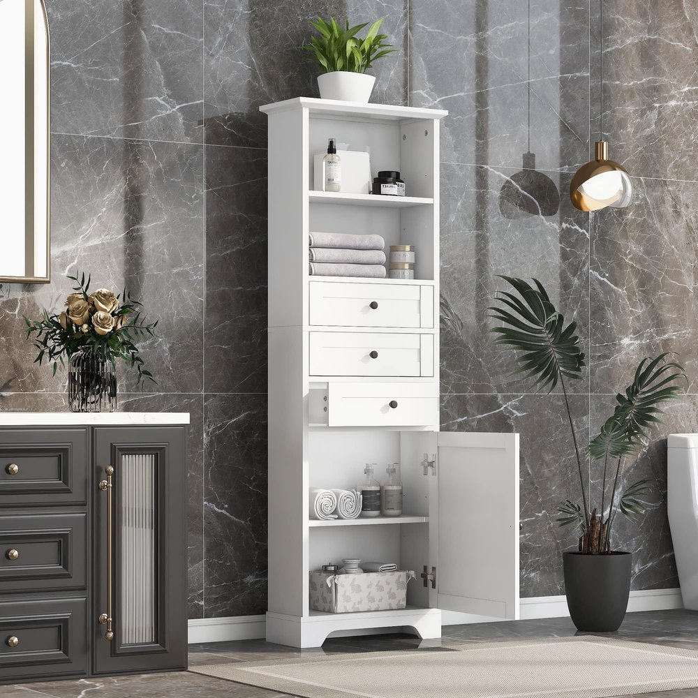 JIVOIT Bathroom Storage Cabinet, 68.30" H Tall Wood Storage Cabinet with 3 Drawers and Adjustable Shelves, Modern Linen Tower for Bathroom(White 2)
