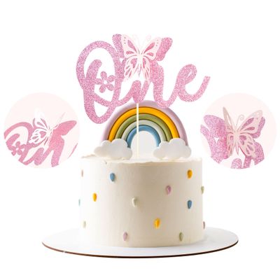 1 Pack Butterfly One Cake Topper Pink Glitter Baby Shower 1st Birthday Cake Pick Decorations for Spring Theme Baby Shower Kids 1st Birthday Party Supplies