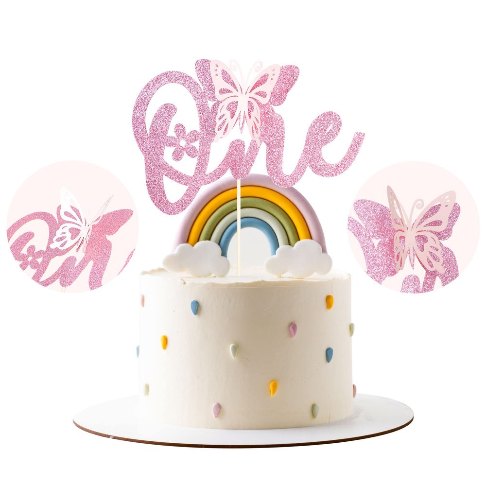 1 Pack Butterfly One Cake Topper Pink Glitter Baby Shower 1st Birthday Cake Pick Decorations for Spring Theme Baby Shower Kids 1st Birthday Party Supplies