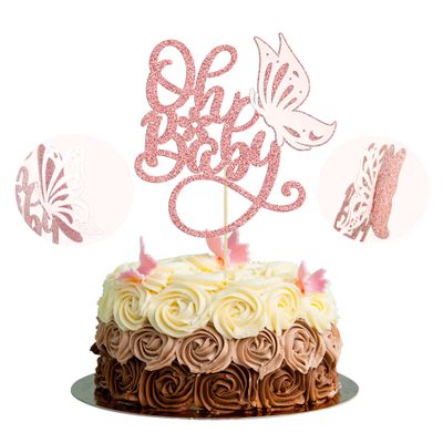 1 Pack Butterfly Oh Baby Cake Topper Rose Gold Glitter Baby Shower Butterfly Cake Pick Decorations for Gender Reveal Baby Shower Kids Girls Birthday Party Supplies