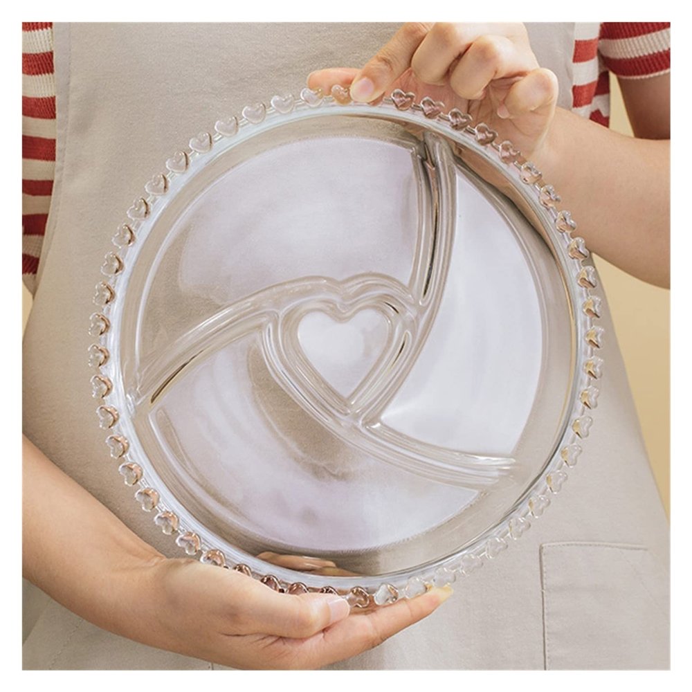 2 Piece Divided Plate with 3 Compartments, 9.2inch Glass Divided Dinner Plates Breakfast Plate with Dividers Divided Dish, Heart-shaped Design