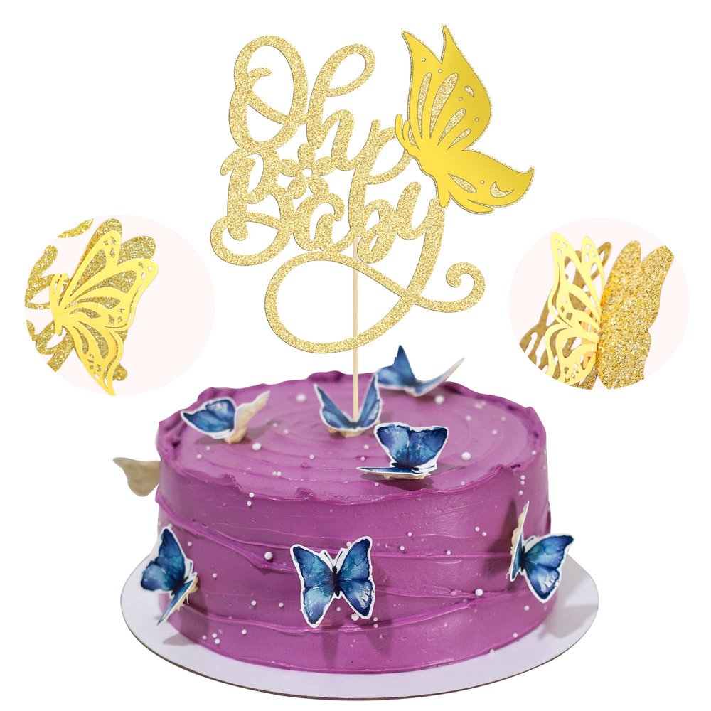 1 Pack Butterfly Oh Baby Cake Topper Gold Glitter Baby Shower Butterfly Cake Pick Decorations for Gender Reveal Baby Shower Kids Girls Birthday Party Supplies