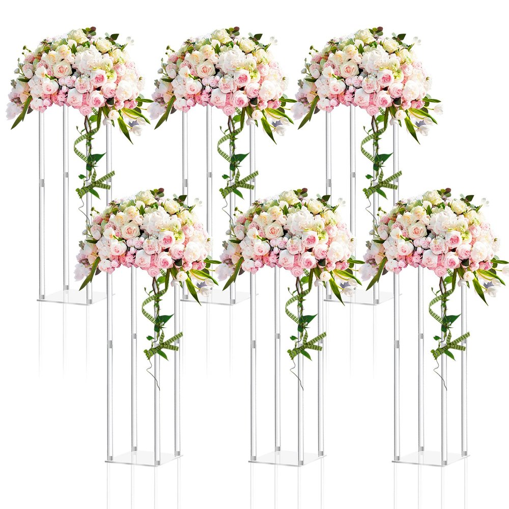 Geetery 6 Pieces Tall Acrylic Vase Wedding Centerpieces Clear Flower Stand Column Geometric Floral Vase Elegant Display Holder for Birthday Party Wedding Table Decorations (28 Inch)