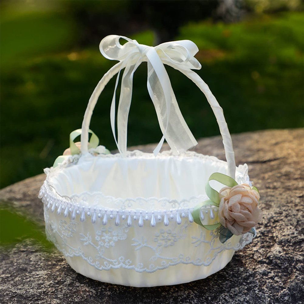 Plcnn 2Pcs Ivory Flower Girl Basket Wedding Satin Flower Basket Lace Pearl Romantic Flower Girl Petals Storage Basket for Wedding Ceremony