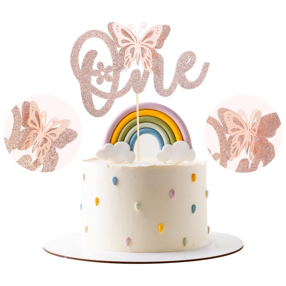 1 Pack Butterfly One Cake Topper Rose Gold Glitter Baby Shower1st Birthday Cake Pick Decorations for Spring Theme Baby Shower 1st Birthday Party Supplies