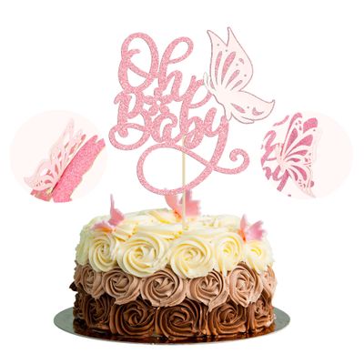 1 Pack Butterfly Oh Baby Cake Topper Glitter Baby Shower Butterfly Cake Pick Decorations for Gender Reveal Baby Shower Kids Girls Birthday Party Supplies Pink