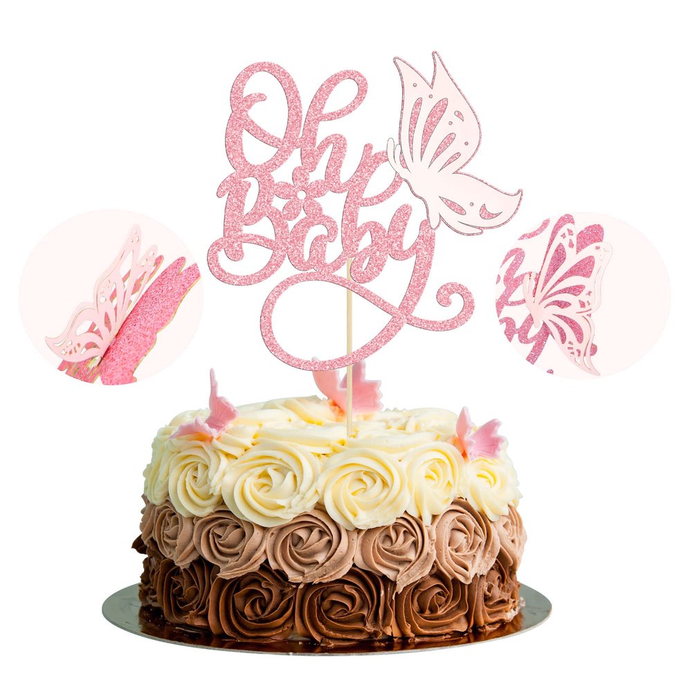 1 Pack Butterfly Oh Baby Cake Topper Glitter Baby Shower Butterfly Cake Pick Decorations for Gender Reveal Baby Shower Kids Girls Birthday Party Supplies Pink