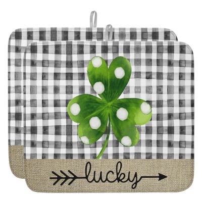 St. Patrick's Day Dish Drying Mat for Kitchen Counter, Lucky Buffalo Plaid Shamrocks Grey Green Absorbent Reversible Dish Drainer Rack Mats for Coffee Bar Mats 18''x24'' 2 PCS