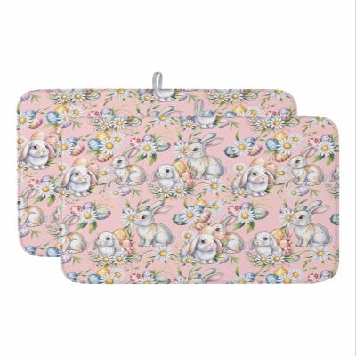 Spring Dish Drying Mat for Kitchen Counter, Flower Easter Bunny Daisy Florals Pink Herb Plant Absorbent Reversible Dish Drainer Rack Mats for Coffee Bar Mats 18''x24'' 2 PCS