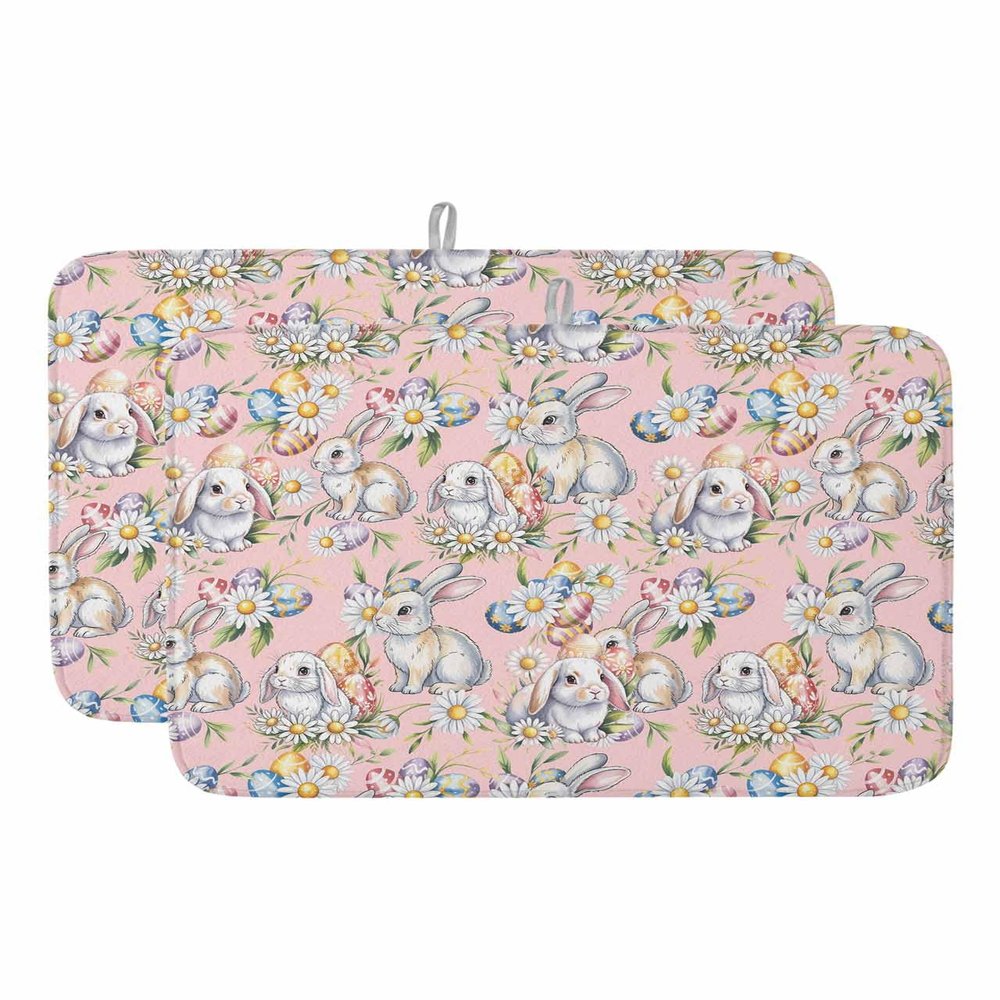 Spring Dish Drying Mat for Kitchen Counter, Flower Easter Bunny Daisy Florals Pink Herb Plant Absorbent Reversible Dish Drainer Rack Mats for Coffee Bar Mats 18''x24'' 2 PCS