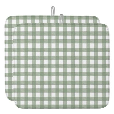 Sage Green Dish Drying Mat for Kitchen Counter, Country French Rustic Buffalo Plaid Check Absorbent Reversible Dish Drainer Rack Mats for Coffee Bar Mats 16''x18'' 2 PCS