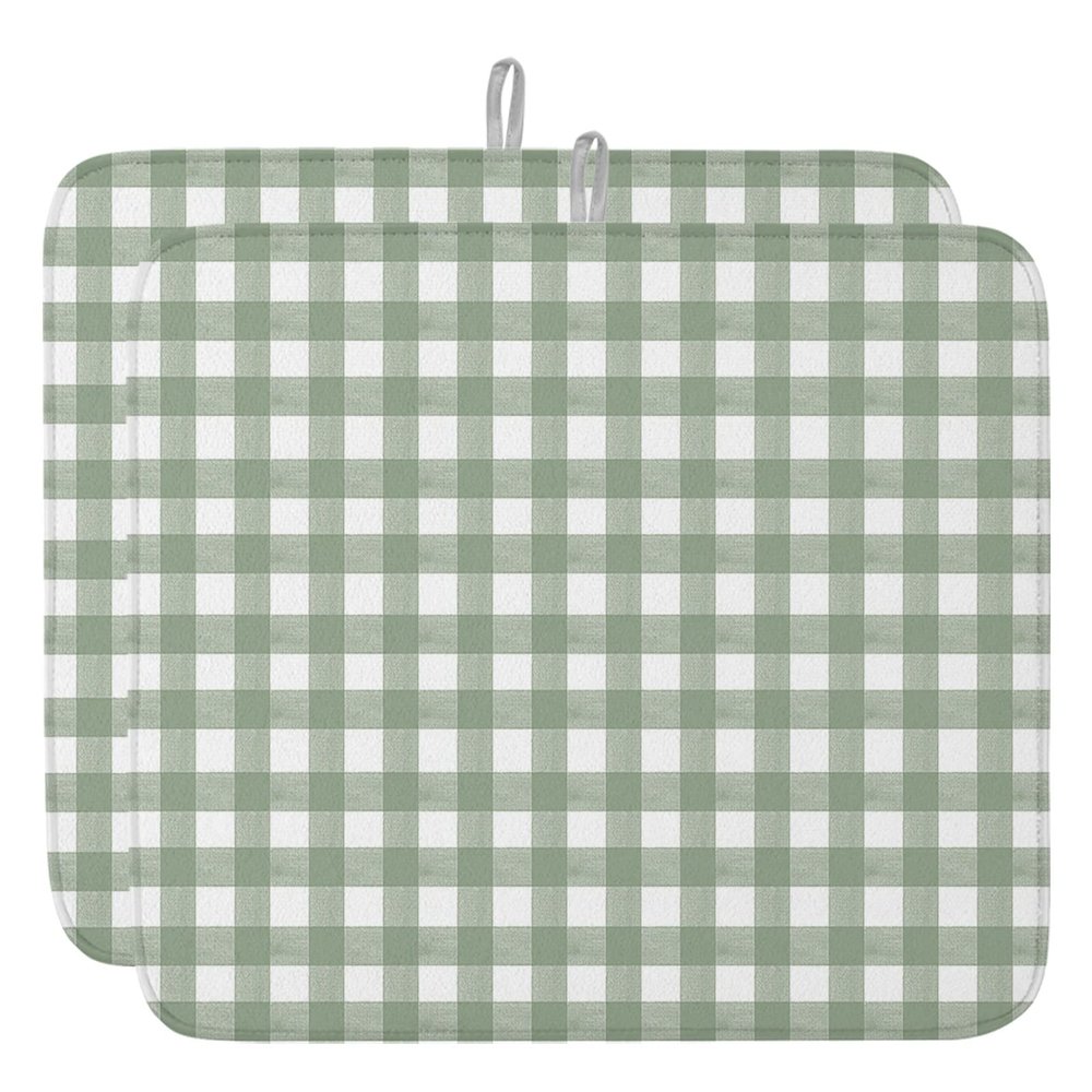 Sage Green Dish Drying Mat for Kitchen Counter, Country French Rustic Buffalo Plaid Check Absorbent Reversible Dish Drainer Rack Mats for Coffee Bar Mats 16''x18'' 2 PCS