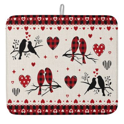 Valentine's Day Dish Drying Mat for Kitchen Counter, Burlap Love-Bird Red Black Plaid Absorbent Reversible Dish Drainer Rack Mats for Coffee Bar Mats 16''x18'' 1 PCS