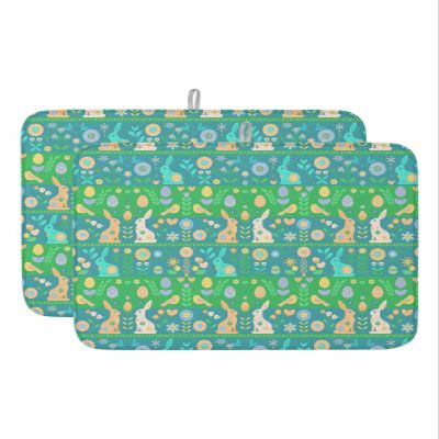 Boho Easter Dish Drying Mat for Kitchen Counter, Blue Eggs Runny Rabbit Flowers Absorbent Reversible Dish Drainer Rack Mats for Coffee Bar Mats 18''x24'' 2 PCS