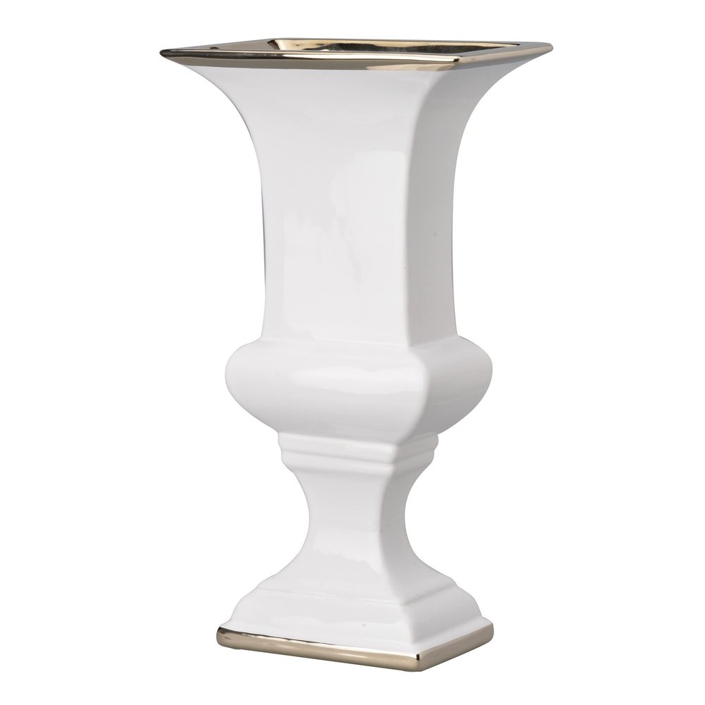 Benjara 14 Inch Decorative Ceramic Vase, Artistic Turned Urn, White and Gold Rim