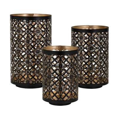 Benjara Set of 3 Lantern Candle Holders, Moroccan Lattice, Gold, Black Metal Frames