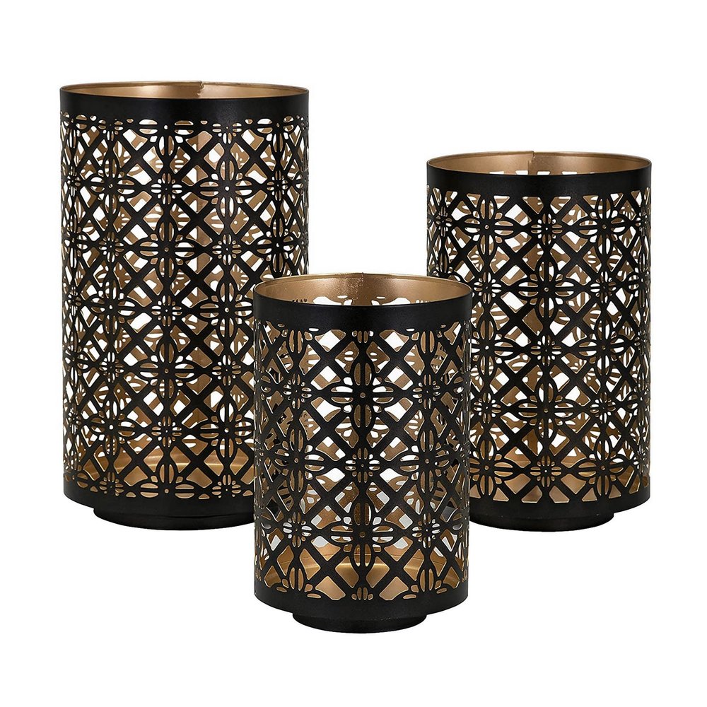 Benjara Set of 3 Lantern Candle Holders, Moroccan Lattice, Gold, Black Metal Frames