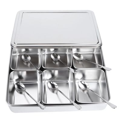 MOUMOUTEN Seasoning Box, 6 Grid Stainless Steel Storage Container Condiment Jars Seasoning Box with Cover and Spoon Kitchen Utensils for Home Restaurant