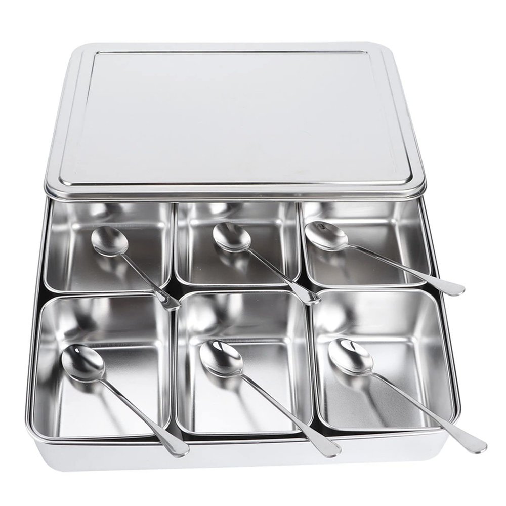 MOUMOUTEN Seasoning Box, 6 Grid Stainless Steel Storage Container Condiment Jars Seasoning Box with Cover and Spoon Kitchen Utensils for Home Restaurant