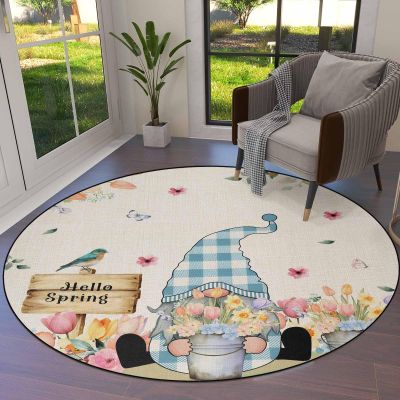 Hello Spring Round Area Rugs for Living Room/Bedroom/Entryway, Blue Plaid Gnomes with Lush Flowers Filling Round Rugs 5Ft - Non Skid Rug Soft Circle Rug Runner Kids Room Floor Mats Throw Carpet