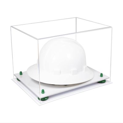 Better Display Cases Acrylic Large Helmet - Hard Hat Display Case with Clear Case, Green Risers and White Base 15.25" x 12" x 9" (A082/V13)