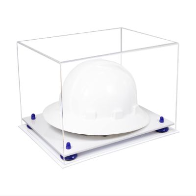 Better Display Cases Acrylic Large Helmet - Hard Hat Display Case with Clear Case, Dark Blue Risers and White Base 15.25" x 12" x 9" (A082/V13)