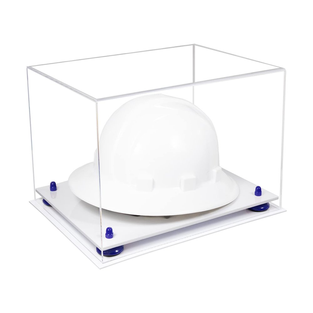 Better Display Cases Acrylic Large Helmet - Hard Hat Display Case with Clear Case, Dark Blue Risers and White Base 15.25" x 12" x 9" (A082/V13)