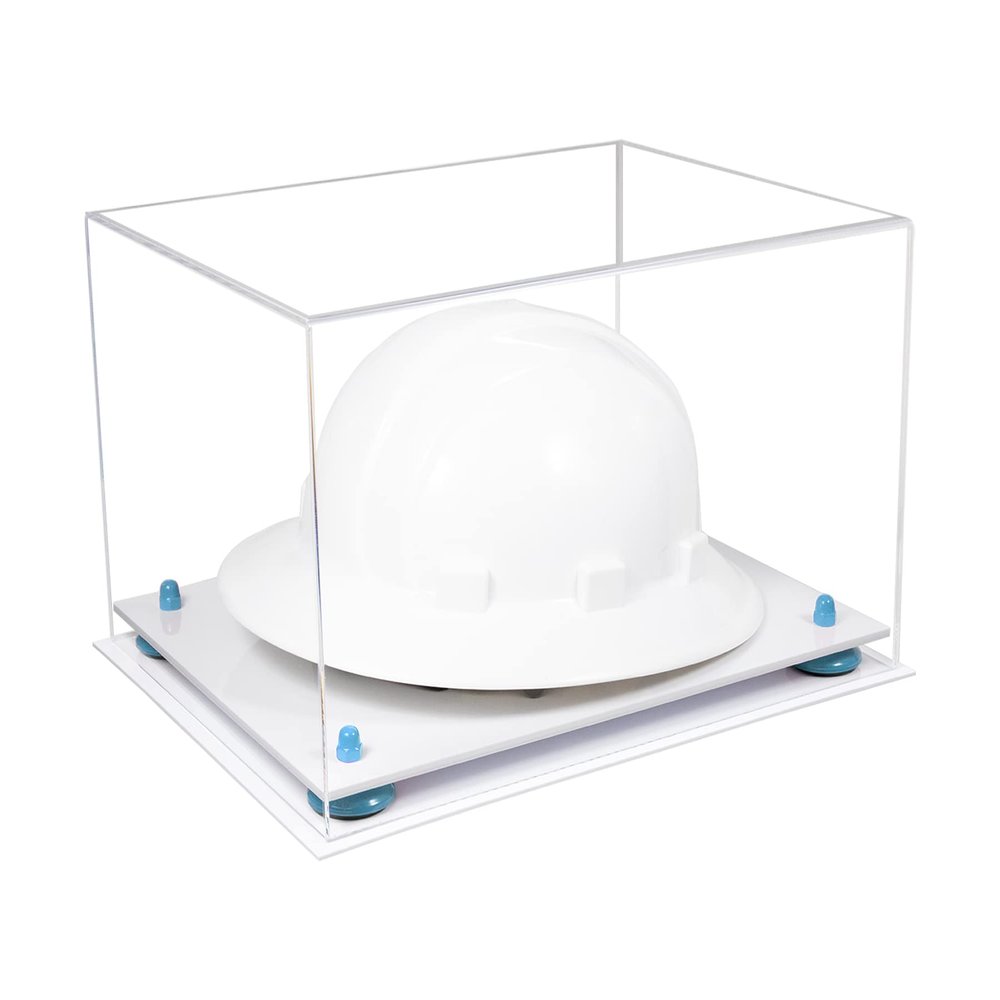 Better Display Cases Acrylic Large Helmet - Hard Hat Display Case with Clear Case, Light Blue Risers and White Base 15.25" x 12" x 9" (A082/V13)
